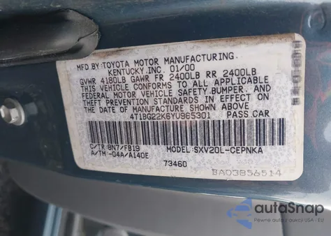 2000 Toyota Camry Le z USA, uszkodzony, nr VIN 4T1BG22K6YU965301